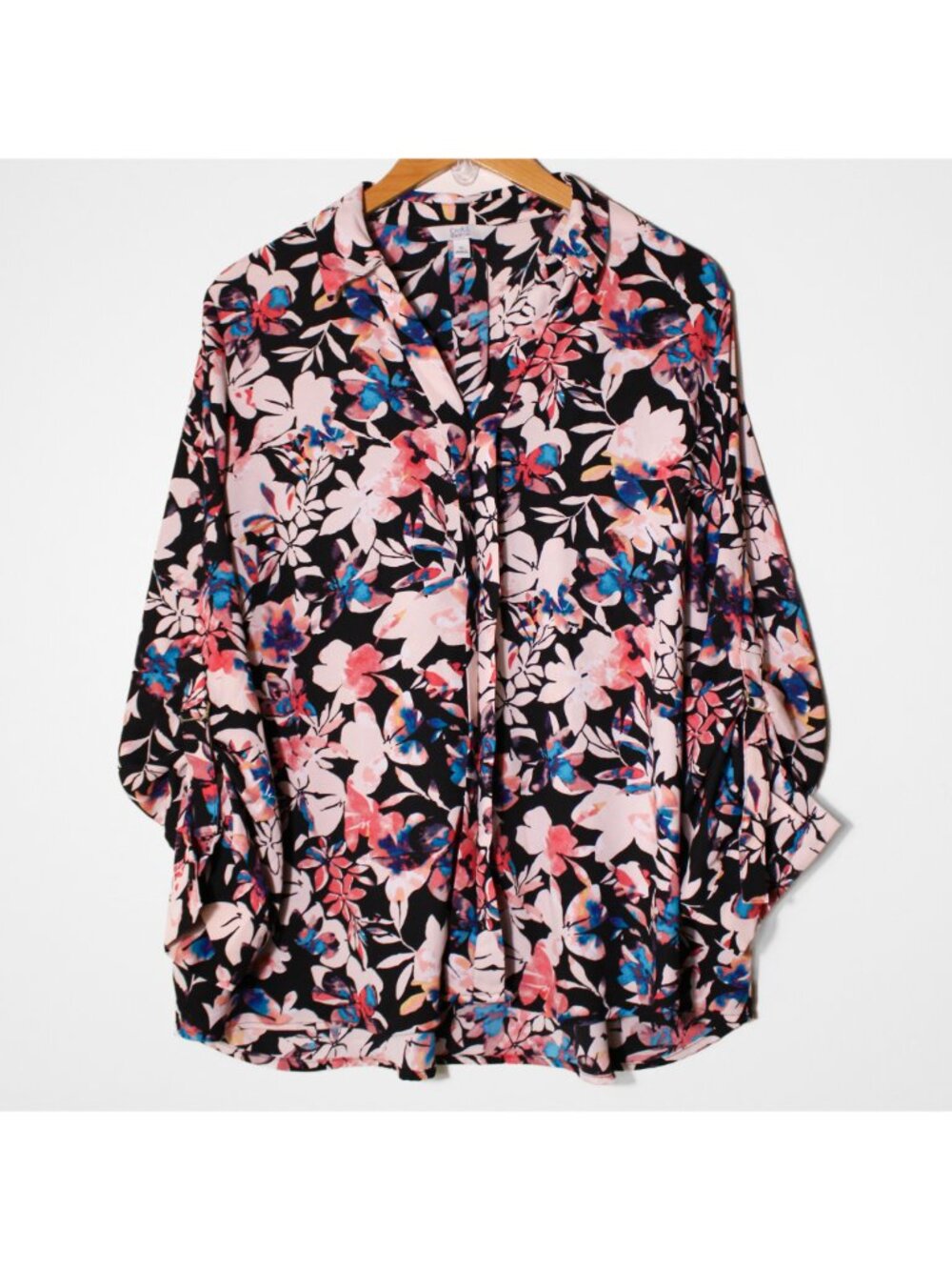 Croft & Barrow Dark Floral Print Roll Tab Sleeve Popover Blouse Top Black XL